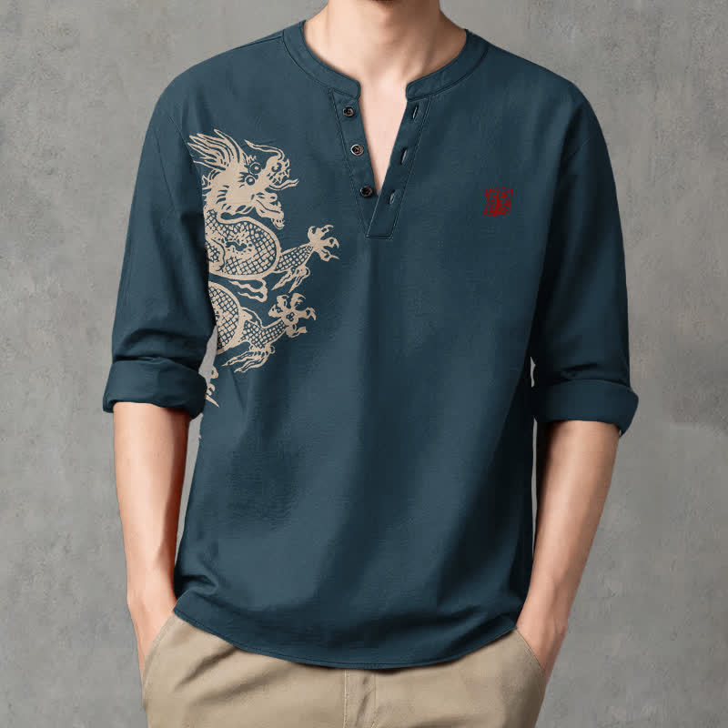 Buddha Stones Camisas de manga larga para hombre con cuello en V y botones, estampado de dragones de algodón. - Azul acero - US/UK/AU48, UE58 (4XL) - image 7