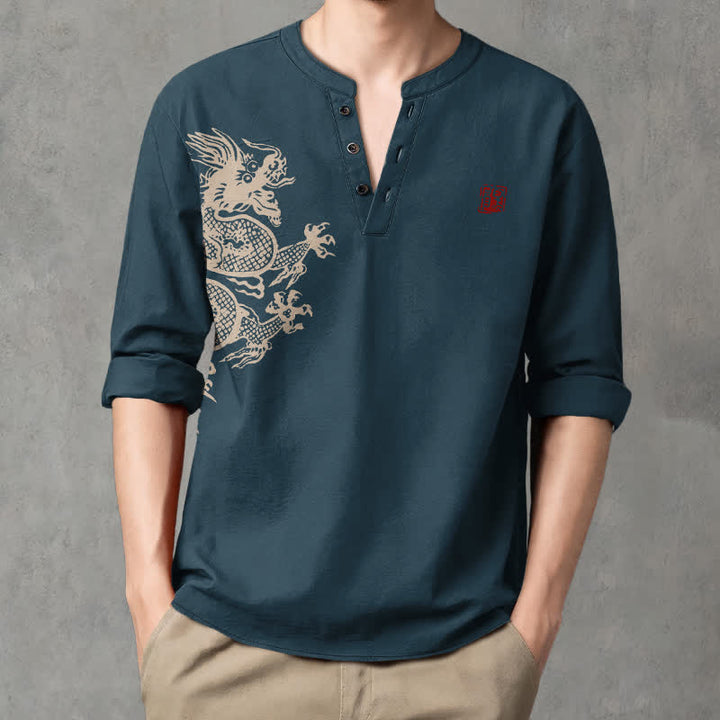 Buddha Stones Camisas de manga larga para hombre con cuello en V y botones, estampado de dragones de algodón. - Azul acero - US/UK/AU48, UE58 (4XL) - image 7
