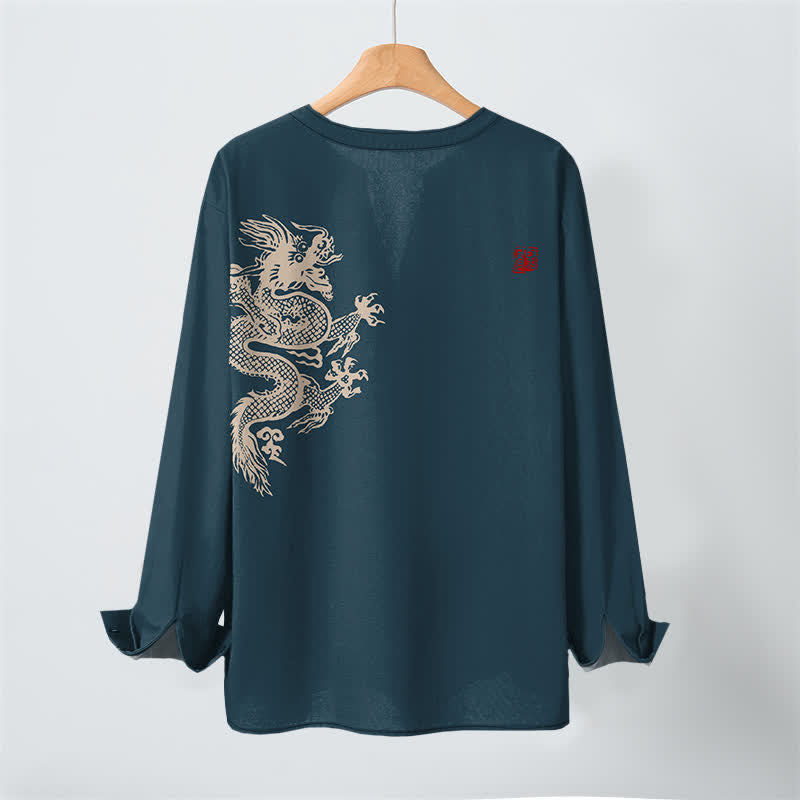 Buddha Stones Camisas de manga larga para hombre con cuello en V y botones, estampado de dragones de algodón. - image 10