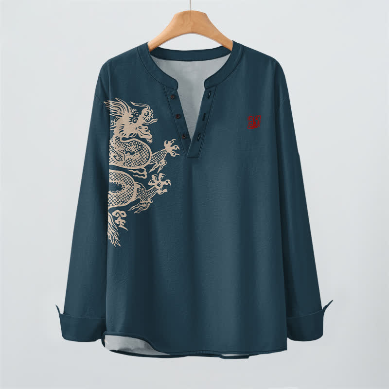 Buddha Stones Camisas de manga larga para hombre con cuello en V y botones, estampado de dragones de algodón. - image 9