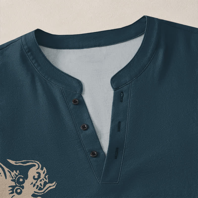 Buddha Stones Camisas de manga larga para hombre con cuello en V y botones, estampado de dragones de algodón. - image 11