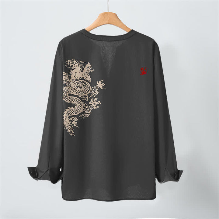 Buddha Stones Camisas de manga larga para hombre con cuello en V y botones, estampado de dragones de algodón. - image 17