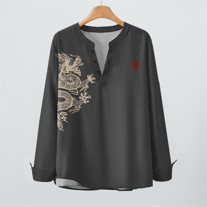 Buddha Stones Camisas de manga larga para hombre con cuello en V y botones, estampado de dragones de algodón. - image 16