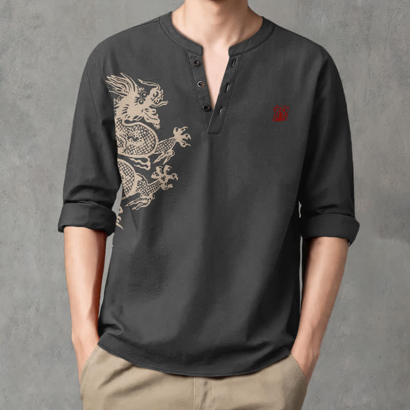 Buddha Stones Camisas de manga larga para hombre con cuello en V y botones, estampado de dragones de algodón. - Negro - US/UK/AU48, UE58 (4XL) - image 14