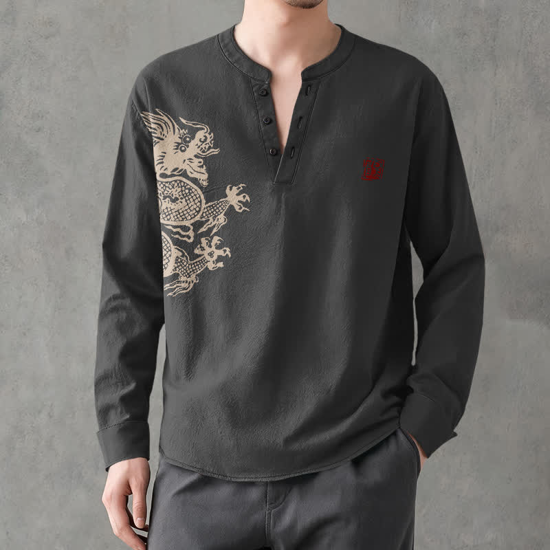 Buddha Stones Camisas de manga larga para hombre con cuello en V y botones, estampado de dragones de algodón. - image 15