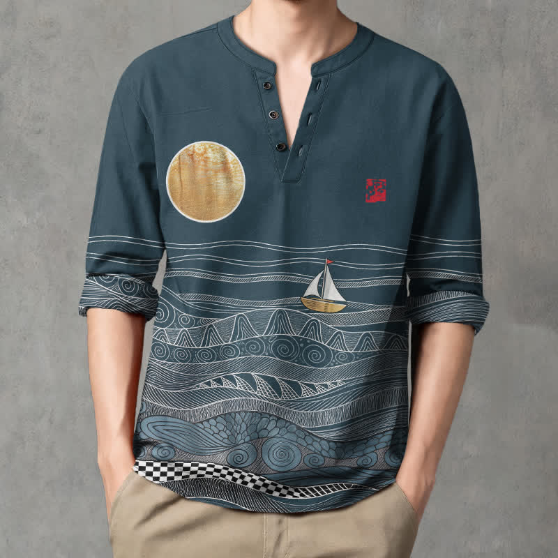 Buddha Stones Camisas de manga larga para hombre de algodón con estampado de olas oceánicas, veleros y luna, cuello en V y botones. - image 1