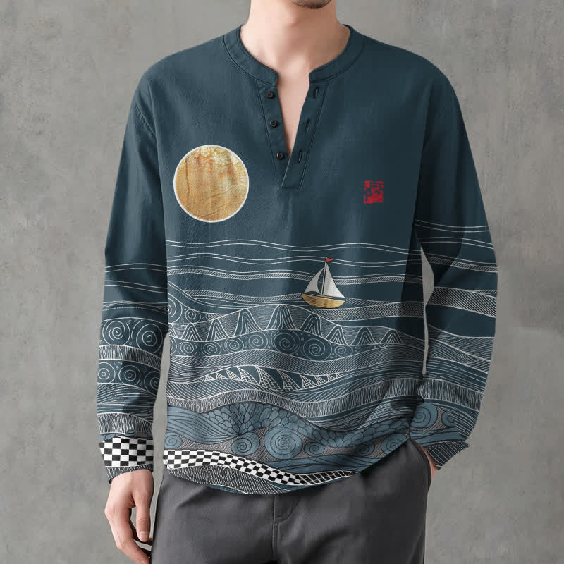 Buddha Stones Camisas de manga larga para hombre de algodón con estampado de olas oceánicas, veleros y luna, cuello en V y botones. - Azul cadete - US/UK/AU48, UE58 (4XL) - image 0