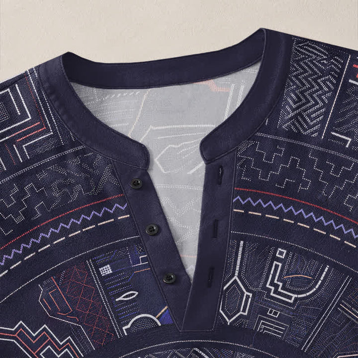Buddha Stones Camisas de manga larga para hombre de algodón con cuello en V y estampado tribal de mandala. - image 4