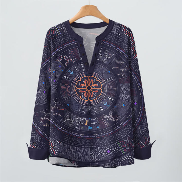 Buddha Stones Camisas de manga larga para hombre de algodón con cuello en V y estampado tribal de mandala. - image 2