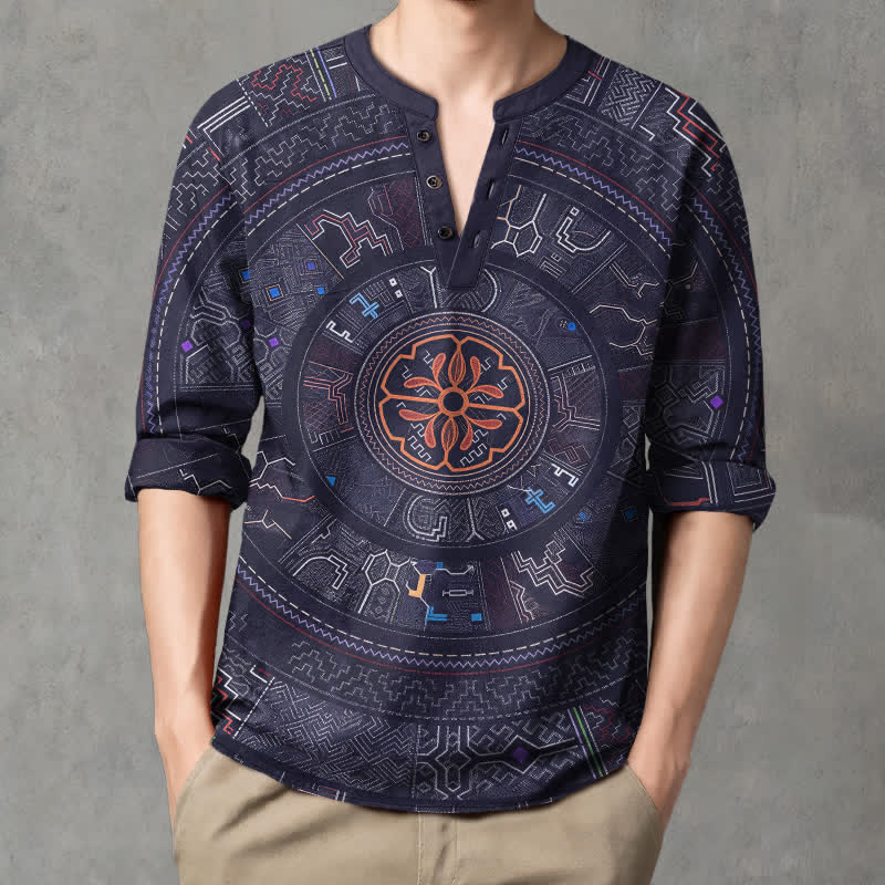 Buddha Stones Camisas de manga larga para hombre de algodón con cuello en V y estampado tribal de mandala. - Marina de guerra - US/UK/AU48, UE58 (4XL) - image 0
