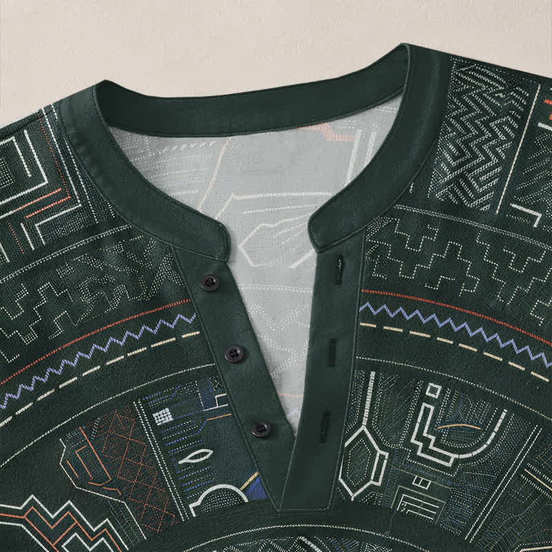 Buddha Stones Camisas de manga larga para hombre de algodón con cuello en V y estampado tribal de mandala. - image 11