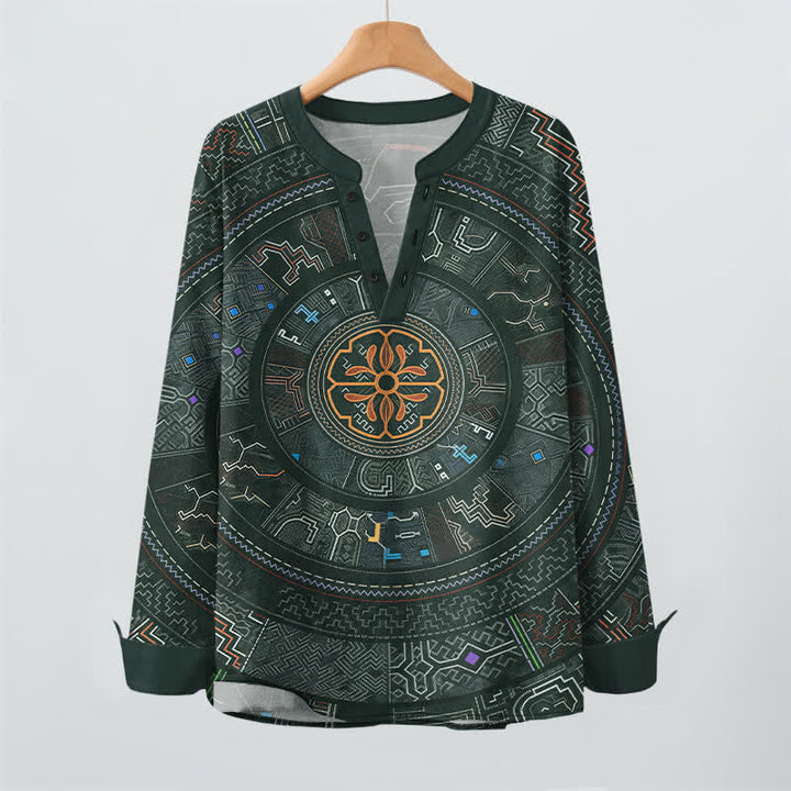 Buddha Stones Camisas de manga larga para hombre de algodón con cuello en V y estampado tribal de mandala. - image 9