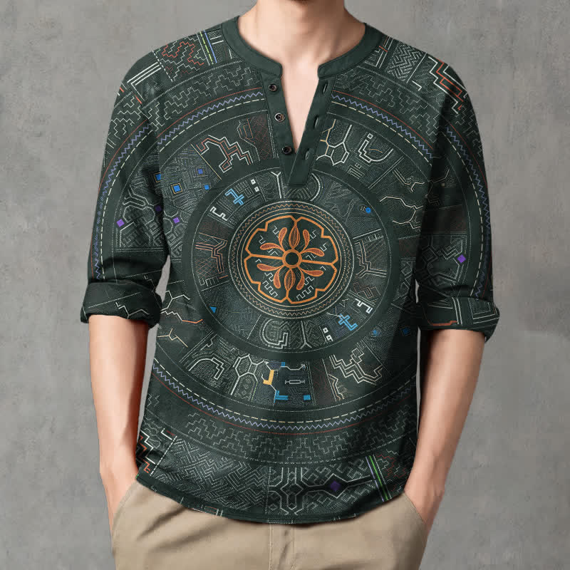 Buddha Stones Camisas de manga larga para hombre de algodón con cuello en V y estampado tribal de mandala. - Verde oscuro - US/UK/AU48, UE58 (4XL) - image 7