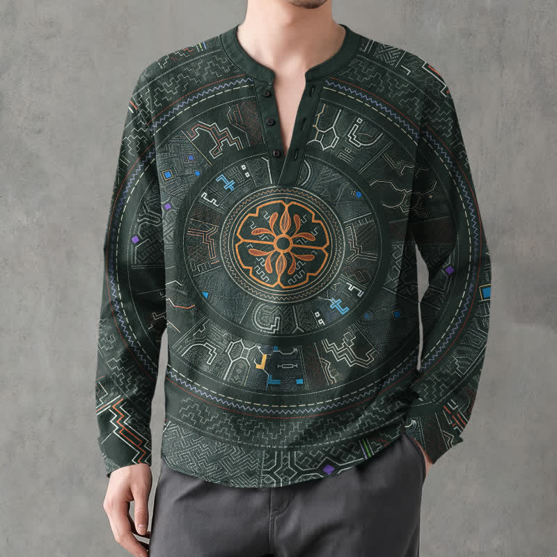 Buddha Stones Camisas de manga larga para hombre de algodón con cuello en V y estampado tribal de mandala. - image 8