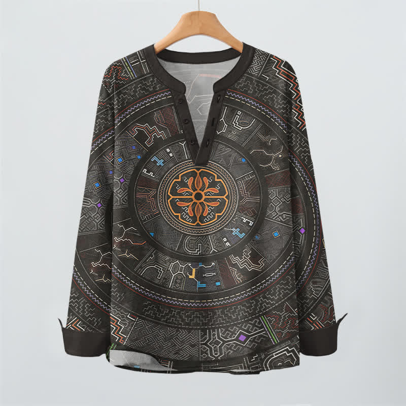 Buddha Stones Camisas de manga larga para hombre de algodón con cuello en V y estampado tribal de mandala. - image 16