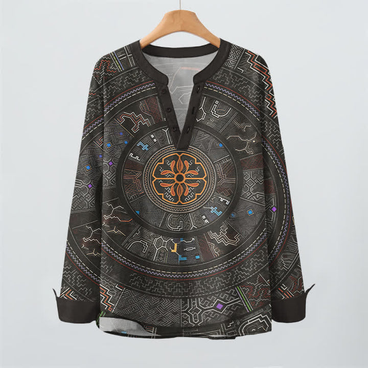 Buddha Stones Camisas de manga larga para hombre de algodón con cuello en V y estampado tribal de mandala. - image 16