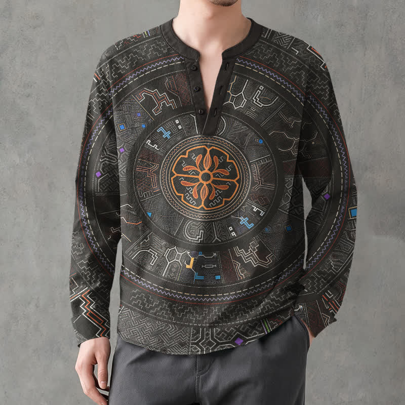 Buddha Stones Camisas de manga larga para hombre de algodón con cuello en V y estampado tribal de mandala. - image 15