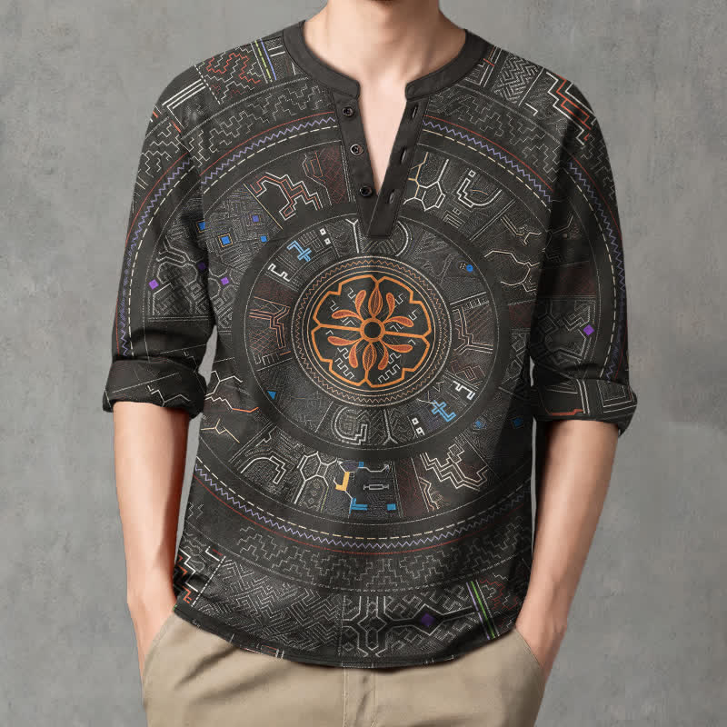 Buddha Stones Camisas de manga larga para hombre de algodón con cuello en V y estampado tribal de mandala. - Negro - US/UK/AU48, UE58 (4XL) - image 14