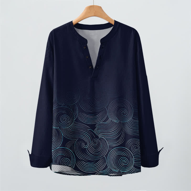 Buddha Stones Camisas de manga larga para hombre de algodón con cuello en V y estampado de espiral de olas oceánicas. - image 2