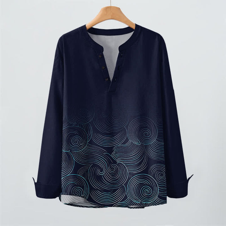Buddha Stones Camisas de manga larga para hombre de algodón con cuello en V y estampado de espiral de olas oceánicas. - image 2