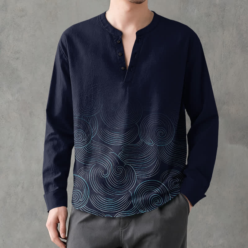 Buddha Stones Camisas de manga larga para hombre de algodón con cuello en V y estampado de espiral de olas oceánicas. - image 1