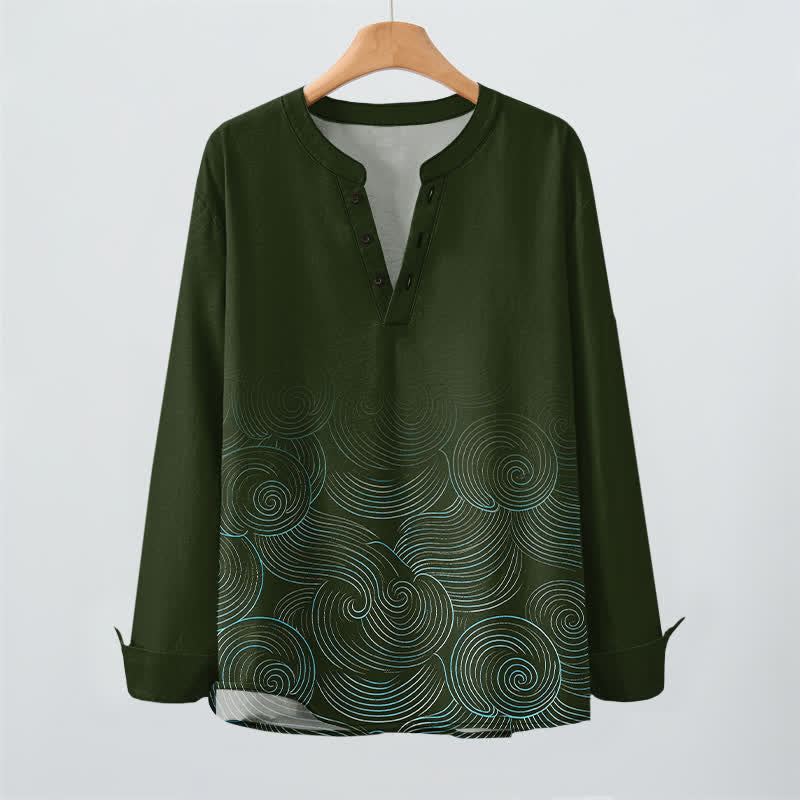 Buddha Stones Camisas de manga larga para hombre de algodón con cuello en V y estampado de espiral de olas oceánicas. - image 9
