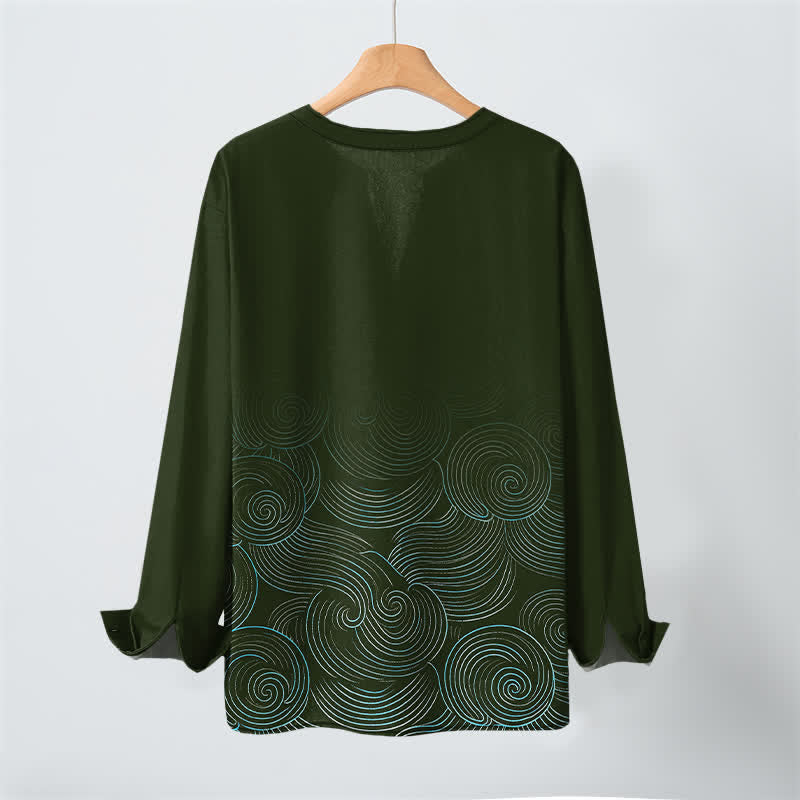 Buddha Stones Camisas de manga larga para hombre de algodón con cuello en V y estampado de espiral de olas oceánicas. - image 10