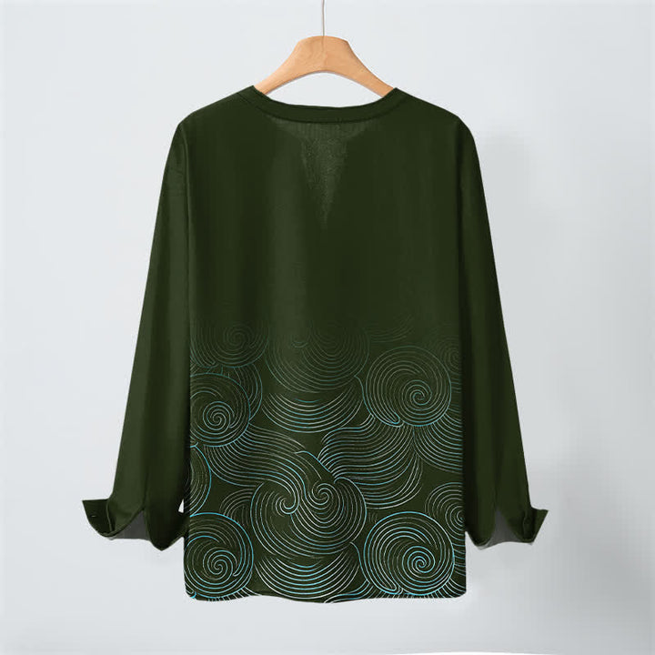 Buddha Stones Camisas de manga larga para hombre de algodón con cuello en V y estampado de espiral de olas oceánicas. - image 10