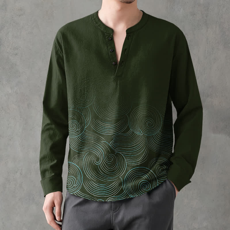 Buddha Stones Camisas de manga larga para hombre de algodón con cuello en V y estampado de espiral de olas oceánicas. - image 8