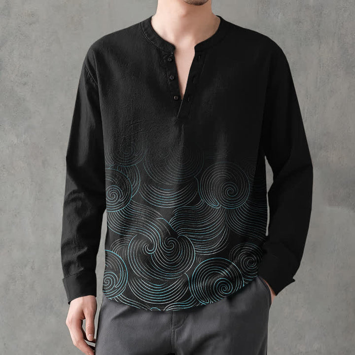Buddha Stones Camisas de manga larga para hombre de algodón con cuello en V y estampado de espiral de olas oceánicas. - image 15