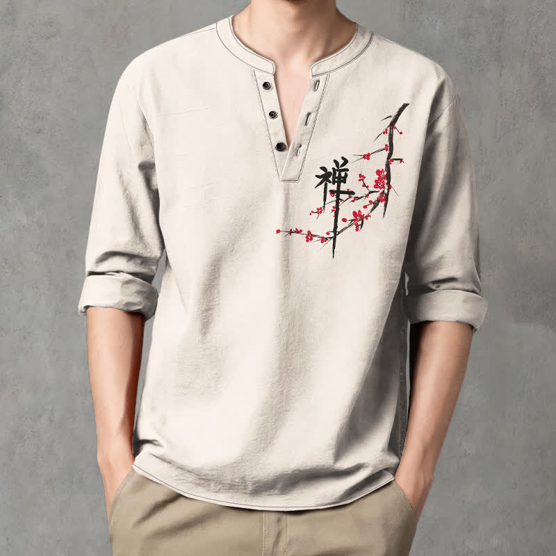 Buddha Stones Camisas de manga larga para hombre con cuello en V y estampado de flores de ciruelo estilo zen de algodón. - image 1