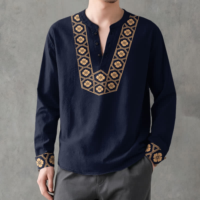 Buddha Stones Camisas de manga larga para hombre de algodón con cuello en V, estampado de cuadrícula floral étnica y botones. - image 1