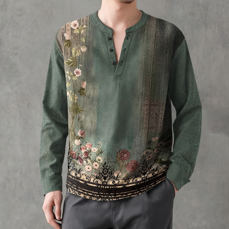 Buddha Stones Camisas de manga larga para hombre de algodón con cuello en V, estampado floral vintage y botones. - Verdemar - US/UK/AU48, UE58 (4XL) - image 0