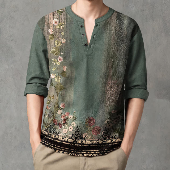 Buddha Stones Camisas de manga larga para hombre de algodón con cuello en V, estampado floral vintage y botones. - image 1