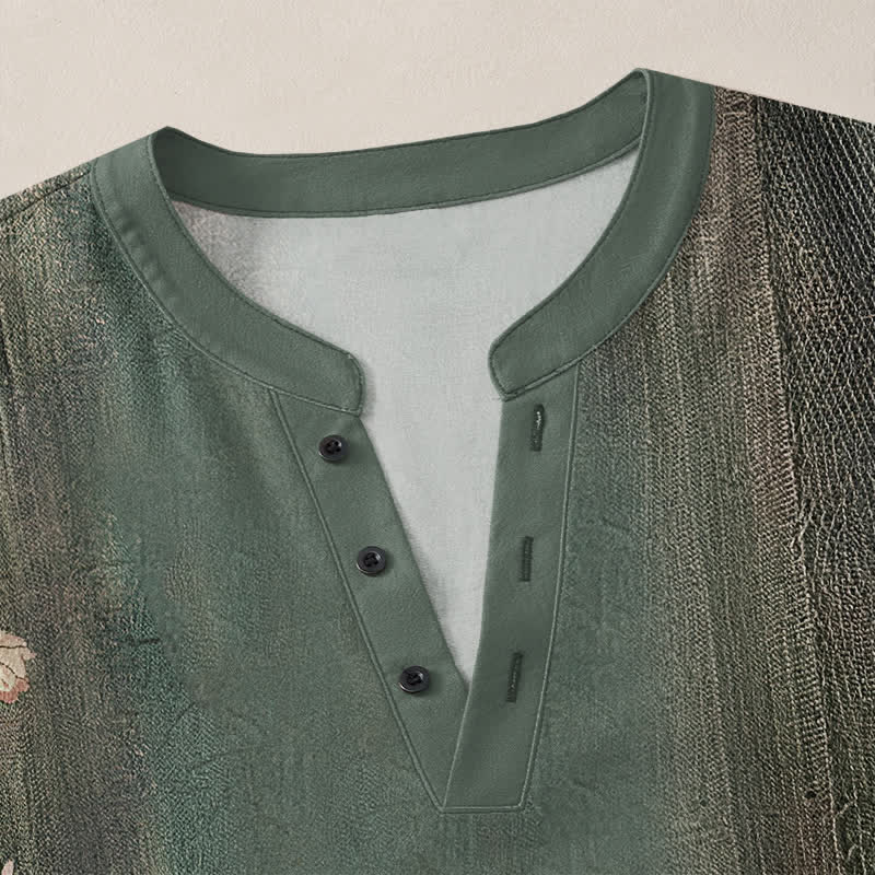 Buddha Stones Camisas de manga larga para hombre de algodón con cuello en V, estampado floral vintage y botones. - image 4
