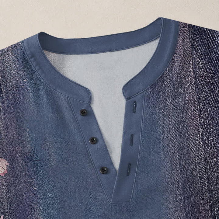Buddha Stones Camisas de manga larga para hombre de algodón con cuello en V, estampado floral vintage y botones. - image 11