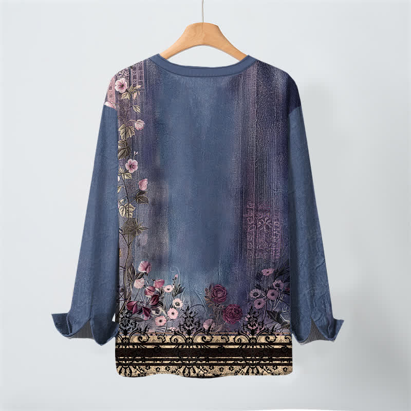 Buddha Stones Camisas de manga larga para hombre de algodón con cuello en V, estampado floral vintage y botones. - image 10