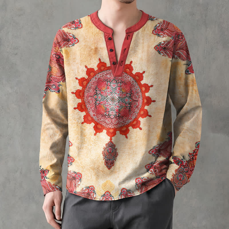 Buddha Stones Camisas de manga larga para hombre de algodón con estampado étnico de mandala paisley y cuello en V con botones. - image 1