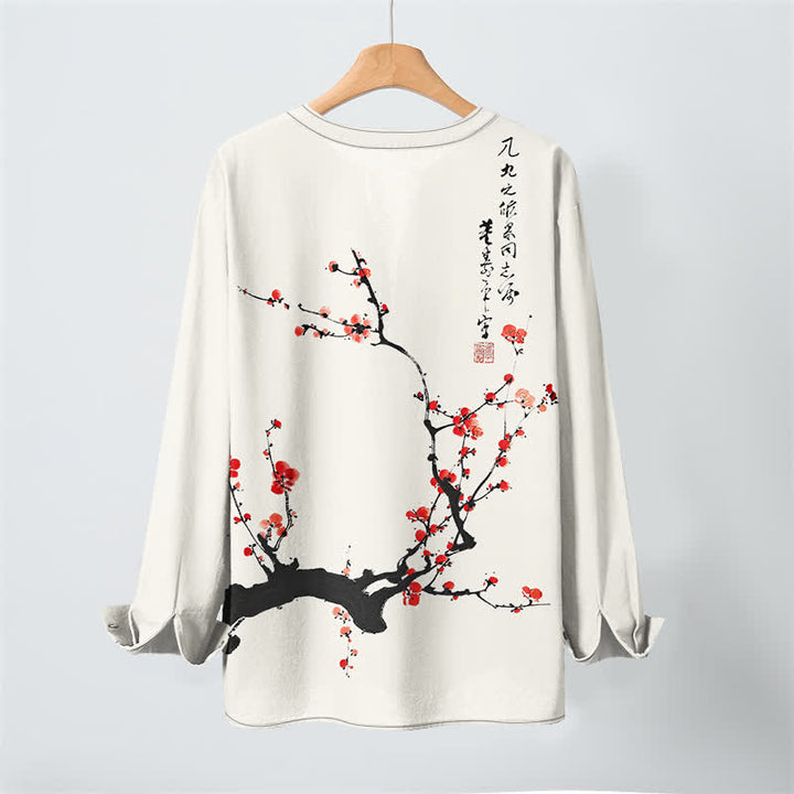 Buddha Stones Camisas de manga larga para hombre con cuello en V y botones, estampado de flores de ciruelo rojas, color algodón. - image 3