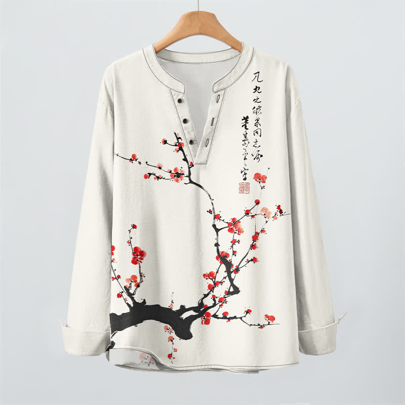Buddha Stones Camisas de manga larga para hombre con cuello en V y botones, estampado de flores de ciruelo rojas, color algodón. - image 2