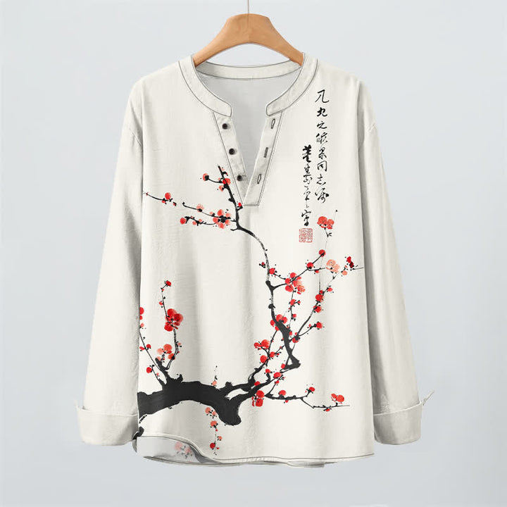 Buddha Stones Camisas de manga larga para hombre con cuello en V y botones, estampado de flores de ciruelo rojas, color algodón. - image 2