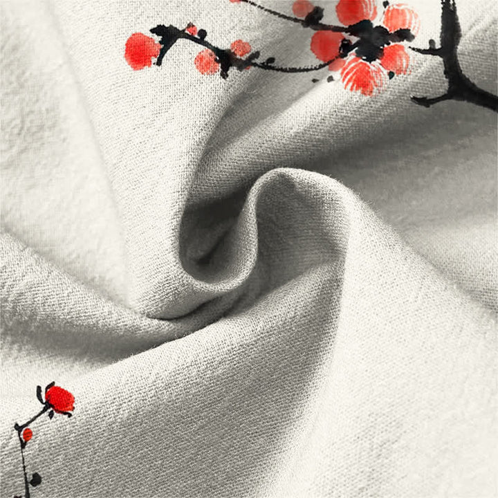 Buddha Stones Camisas de manga larga para hombre con cuello en V y botones, estampado de flores de ciruelo rojas, color algodón. - image 6