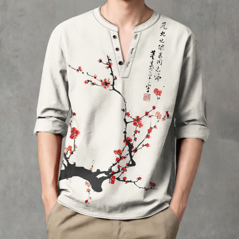 Buddha Stones Camisas de manga larga para hombre con cuello en V y botones, estampado de flores de ciruelo rojas, color algodón. - image 1