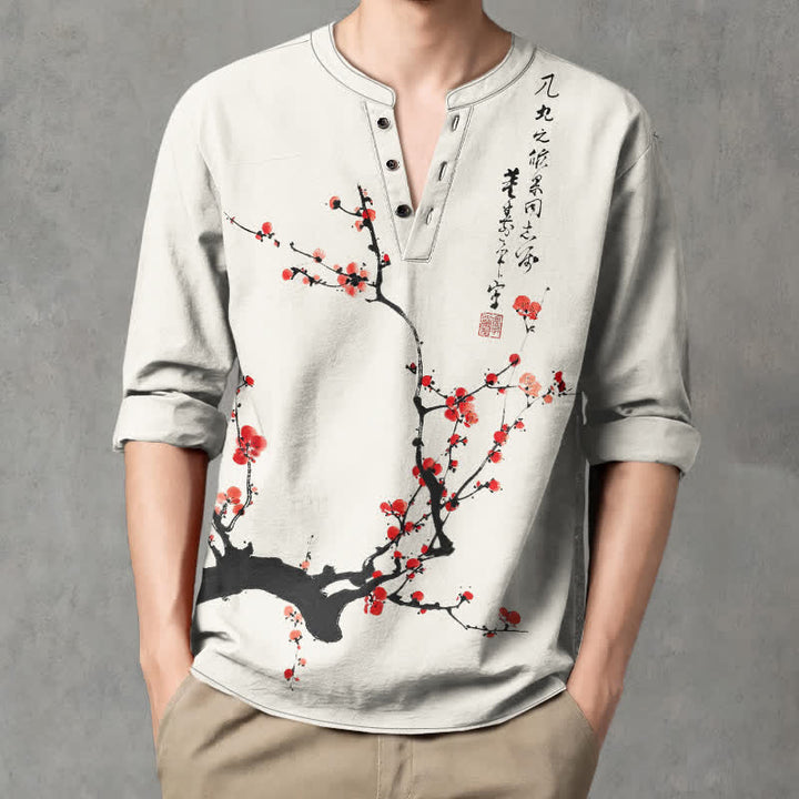 Buddha Stones Camisas de manga larga para hombre con cuello en V y botones, estampado de flores de ciruelo rojas, color algodón. - image 1