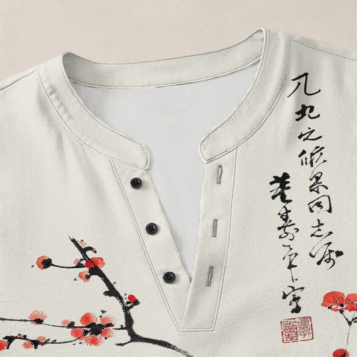 Buddha Stones Camisas de manga larga para hombre con cuello en V y botones, estampado de flores de ciruelo rojas, color algodón. - image 4