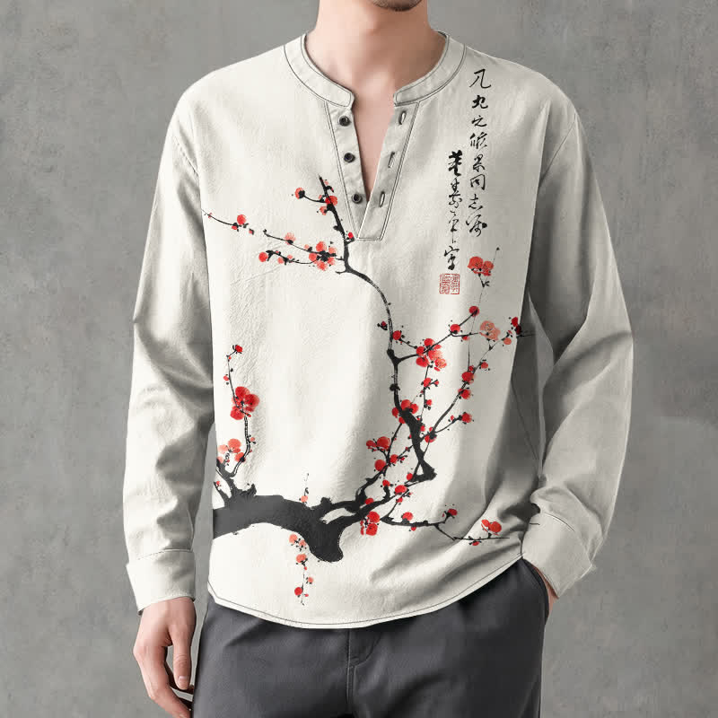 Buddha Stones Camisas de manga larga para hombre con cuello en V y botones, estampado de flores de ciruelo rojas, color algodón. - Lino - US/UK/AU48, UE58 (4XL) - image 0