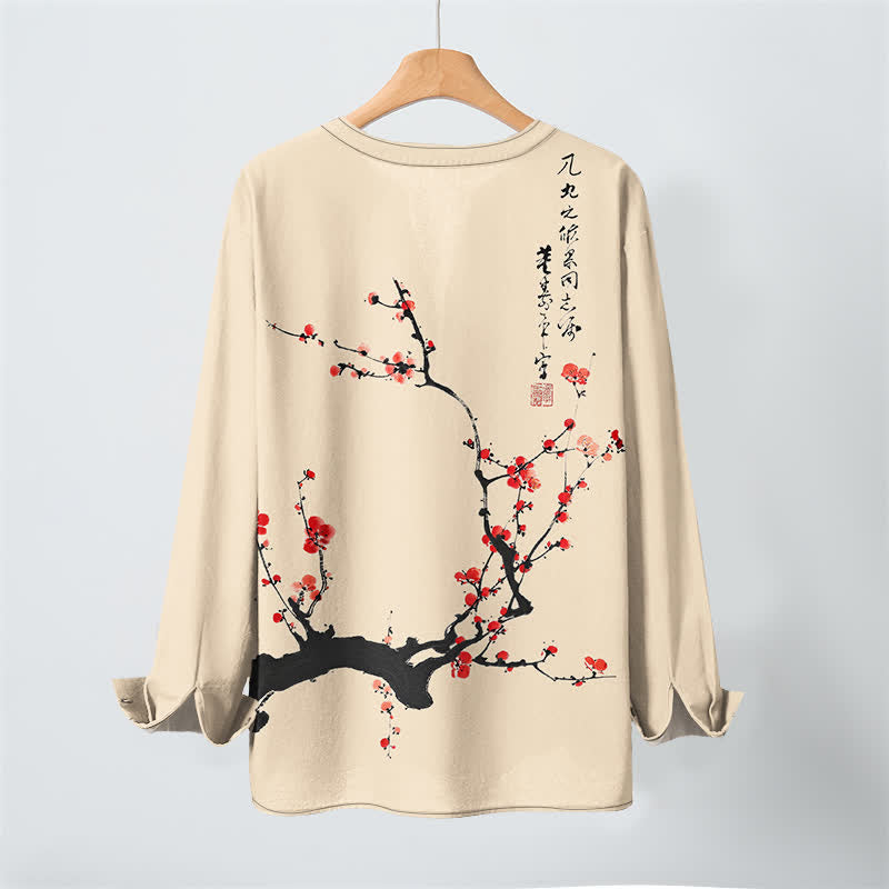 Buddha Stones Camisas de manga larga para hombre con cuello en V y botones, estampado de flores de ciruelo rojas, color algodón. - image 10