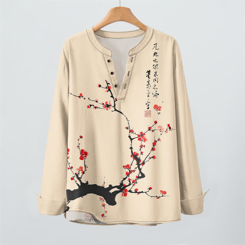 Buddha Stones Camisas de manga larga para hombre con cuello en V y botones, estampado de flores de ciruelo rojas, color algodón. - image 9