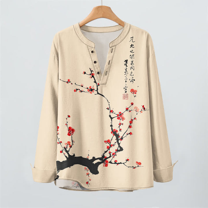 Buddha Stones Camisas de manga larga para hombre con cuello en V y botones, estampado de flores de ciruelo rojas, color algodón. - image 9