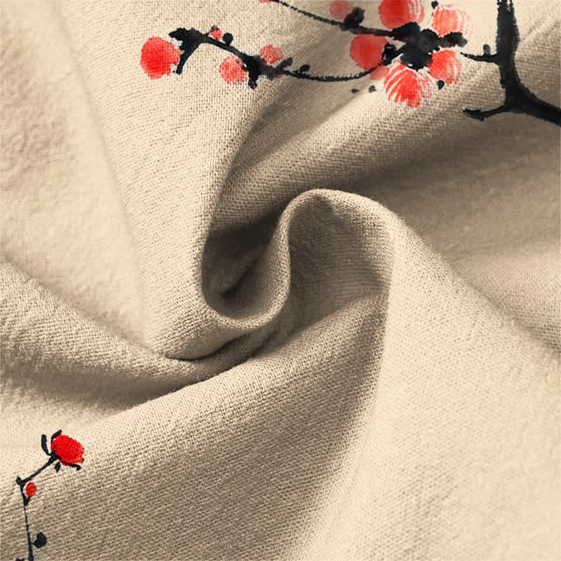 Buddha Stones Camisas de manga larga para hombre con cuello en V y botones, estampado de flores de ciruelo rojas, color algodón. - image 13